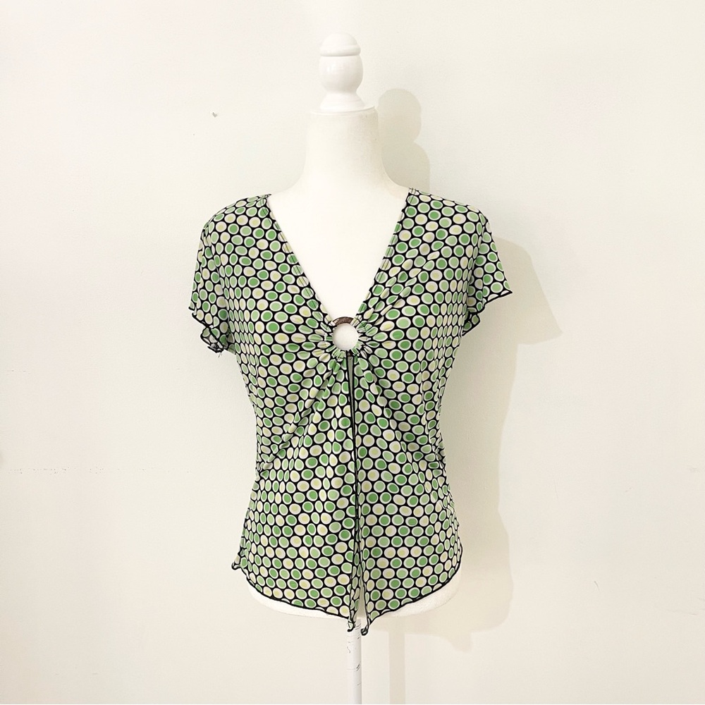 vintage brittany black green polka dot o-ring flowy top